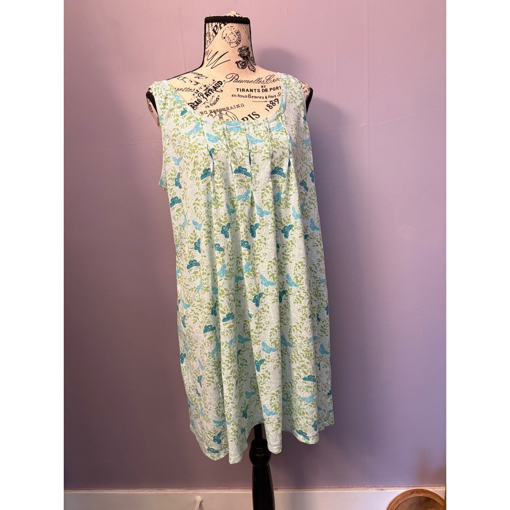 Pintuck‎ Sleeveless Nightgown Blue Green Butterfly Print Vintage Grandma Chic